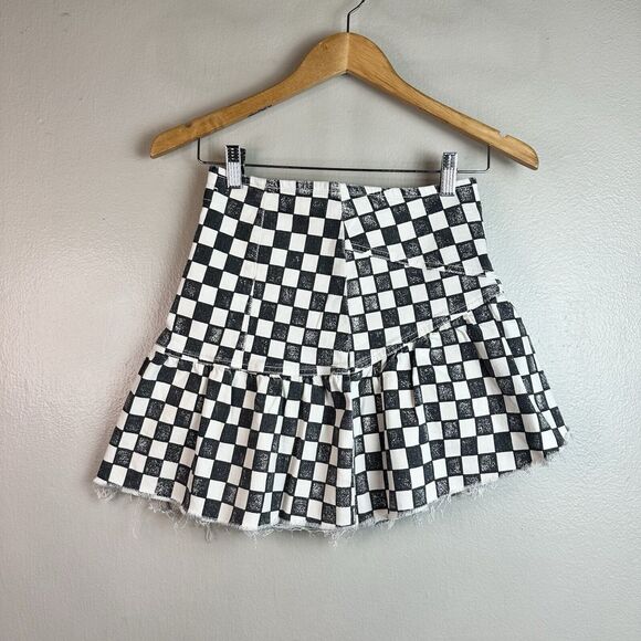 Mother The Minx Frayed Mini Skirt Black & White Checkered Sz 25 - Picture 2 of 7